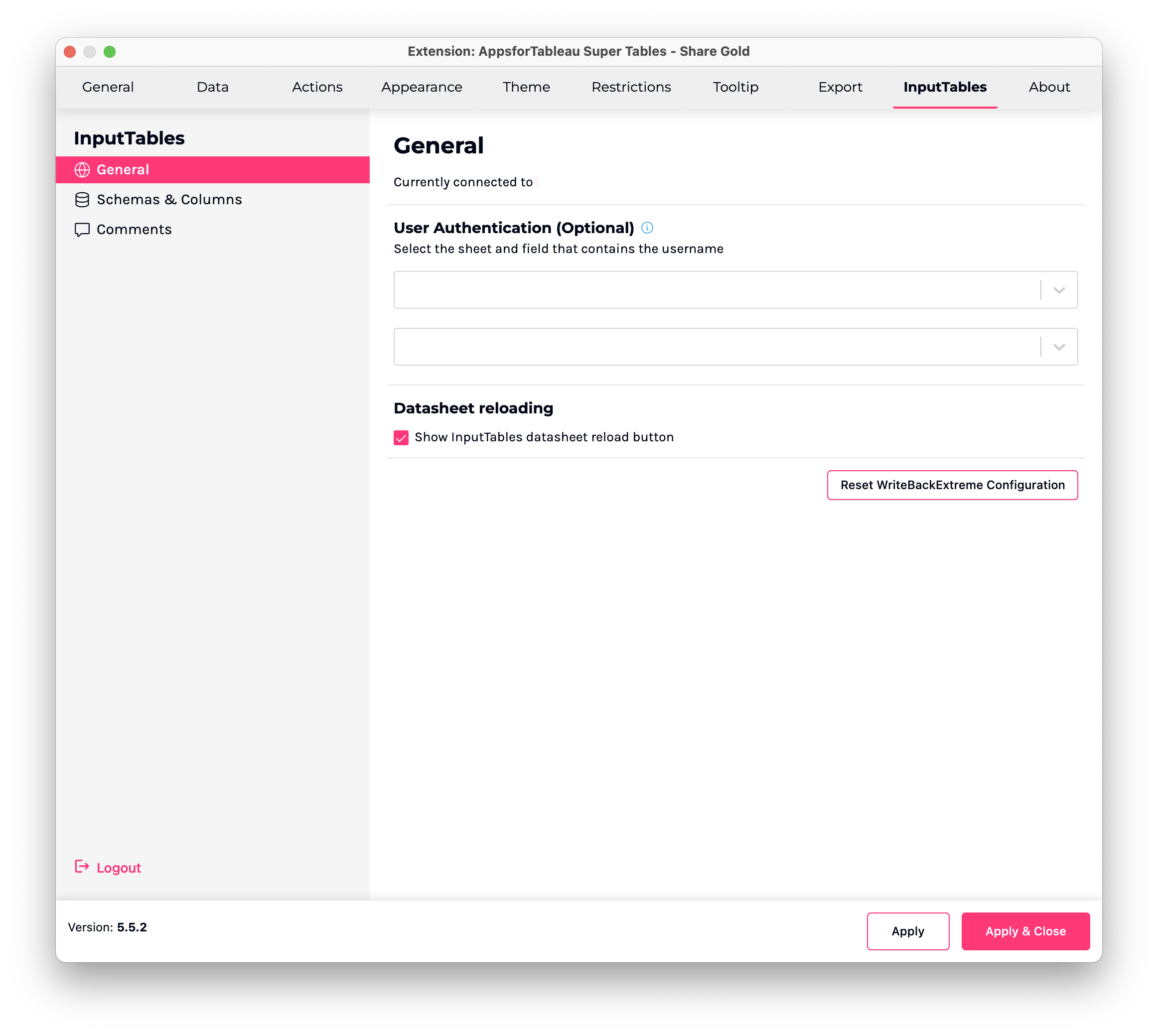 InputTables general configuration